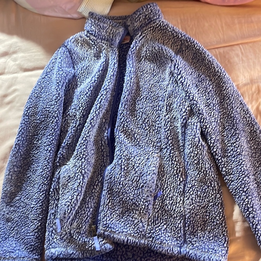 Fuzzy, purple and white zip up